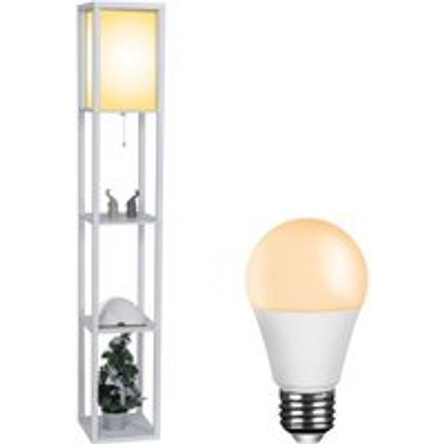 Puluomis - Floor Lamp,3-Tier Wooden Shelf,Standing Light with Display Shelves, White, With Bulb - White