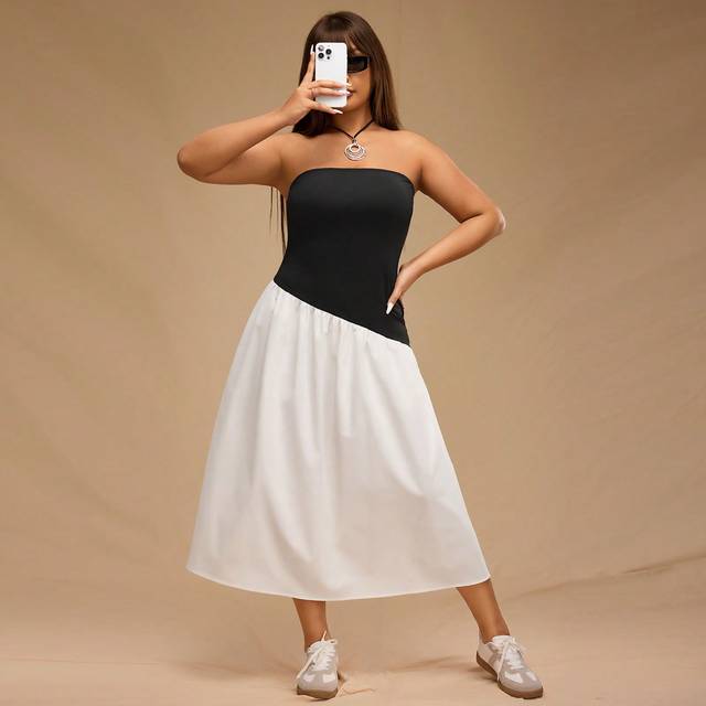 SHEIN Plus Size Women&#39;s Fashion Asymmetrical Black And White Contrast Color Strapless Dress