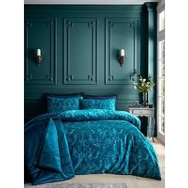Bridgerton Regal Birds Velvet Damask Duvet Cover Bedding Set Teal