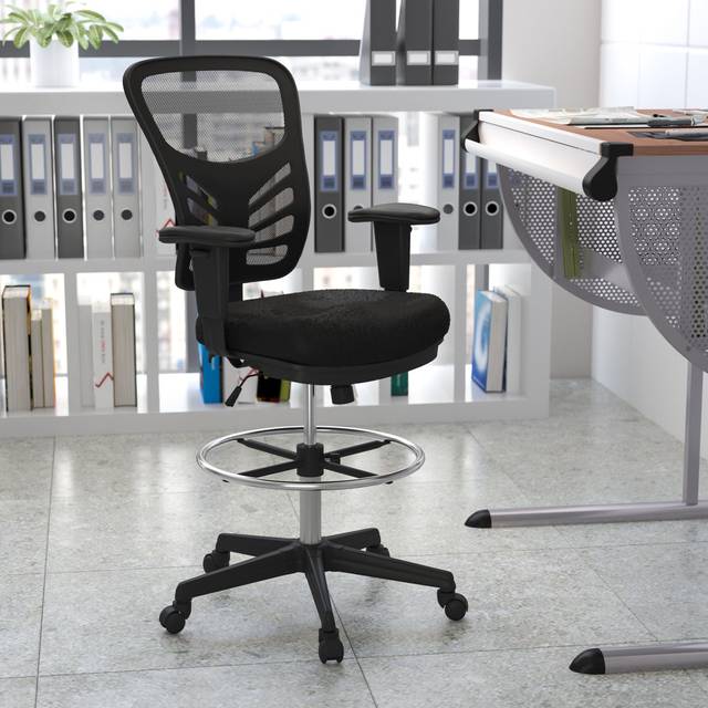 Mid-Back Mesh Ergonomic Drafting Chair with Adjustable Chrome Foot Ring, Adjustable Arms - Black (125.73cm H X 64.14cm W X 62.23cm D)