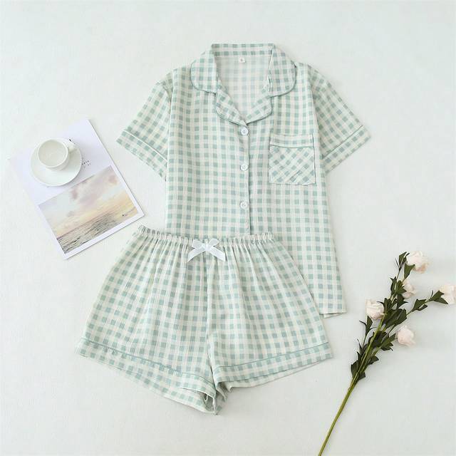 SHEIN 2pcs/Set Women Plaid Print Sleepwear Short Sleeve Buttoned Collar Top And Shorts, Summer Casual Pajamas,Two Pieces Set