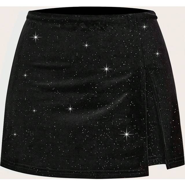 Flirla Women&#39;s Ruched Slit Hem Shiny Velvet Palazzo Shorts,Black Velvet Shorts, Party Shorts
