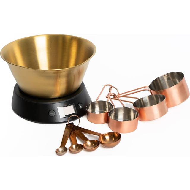 9pc Kitchen Measuring Set with Digital Scales & Brass Bowl, 4x Copper Measuring Cups and 4x Copper Measuring Spoons - Multi - Large