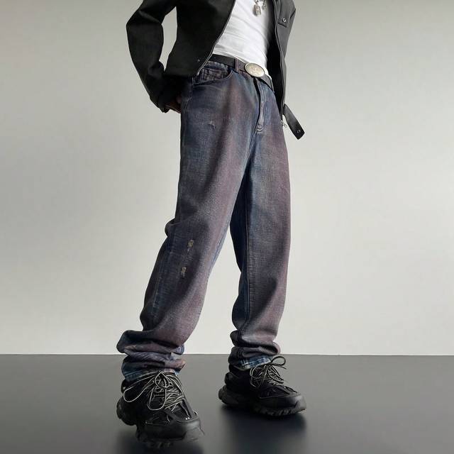 Manfinity Y2K Retro Streetwear Men&#39;s Distressed Faded Dark Denim Straight Leg Baggy Jeans, For Husband, Boyfriend Gifts