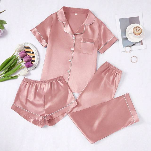 SHEIN 3pcs/Set Women Contrast Trim Solid Color Faux Silk Collar Pajamas Set