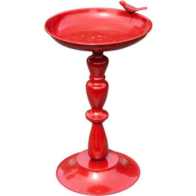 Red Miniature Bird Bath - Weather Resistant Metal Colourful Outdoor Garden Wild Bird Water Bowl Station - H37x W21 x D23cm - One Size