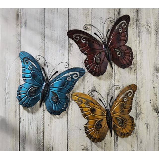 3 x Butterfly Wall or Fence Ornaments - Weather Resistant Metal Colourful Home or Garden Decorations - Each H45 x W36cm - Multi - One Size
