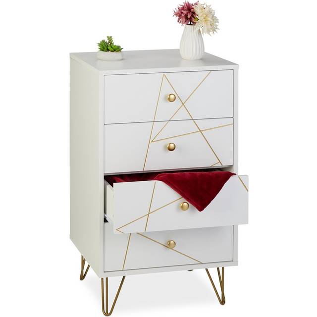 Relaxdays - Dresser, hwd: 86 x 48 x 39 cm, 4 Drawers, mdf & Iron, Storage Unit, Living Room, Bedroom, Hallway, White/Gold