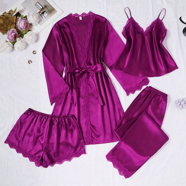 SHEIN 4pcs Lace Patchwork Faux Silk Camisole, Shorts, Pants & Robe Set