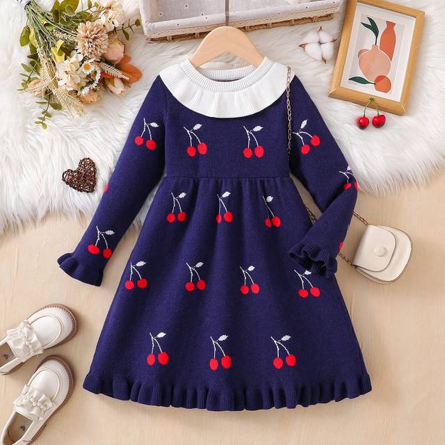 SHEIN Young Girl&#39;s And Toddler Girl Cherry Blossom Jacquard Collared Long Sleeve Cute Sweater Dress For Young Girl, Suitable For Casual Daily Wear,Suitable