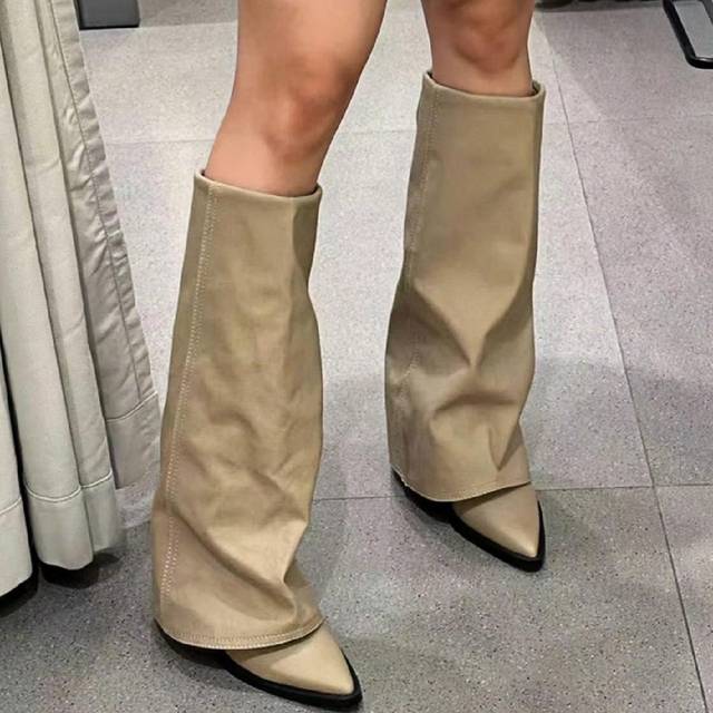 SHEIN Khaki Wide Leg Boots Women&#39;s 2024 New Pointed Toe Straight Tube Tall Boots Western Cowboy Boots, Summer