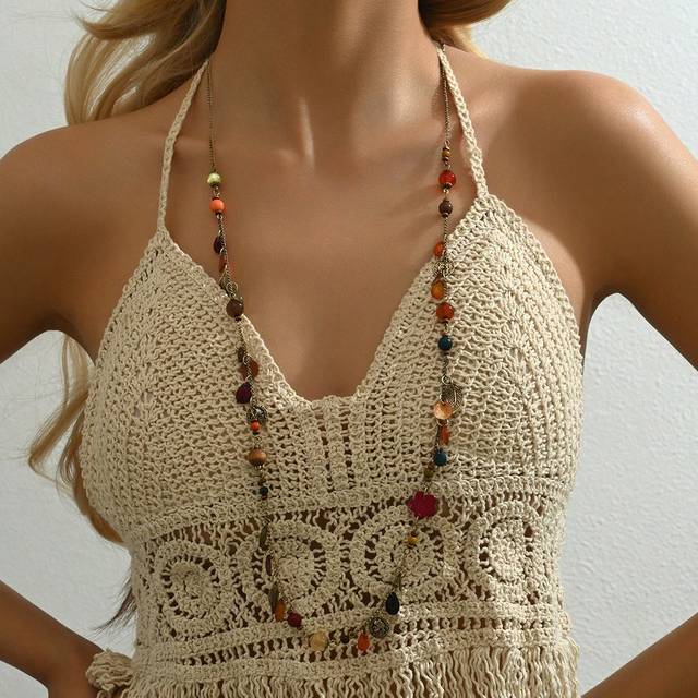 SHEIN 1pc Boho Chic Cat Eye Stone, Wooden Bead, Woven Long Necklace, Suitable For Women For Holiday And Daily Wear