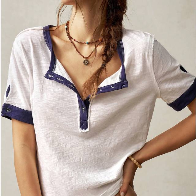 Bohemela Casual Knit Colorblock Round Neck Short Sleeve Loose Henley T-Shirt For Women