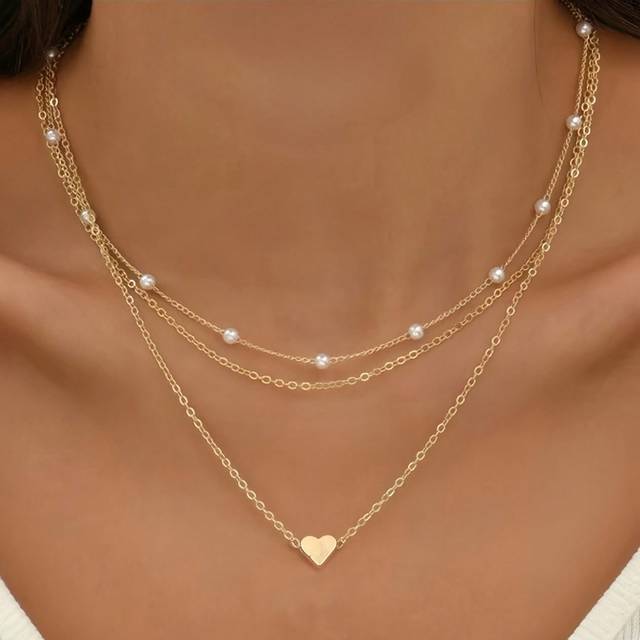 SHEIN 3-Layer Necklace Set, Minimalist Heart Shaped Faux Pearl Necklace For Women, Suitable For Dates, Gatherings, Vacations, Everyday Wear, Holiday Gifts