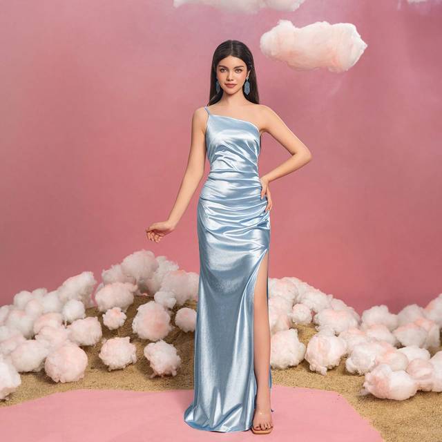 SHEIN Teen Girls&#39; One-Shoulder High Slit Evening Gown | Mermaid Formal Dress For Pageant Events, Wedding Guest Attire, Graduation Ceremonies, Red Carpet Eve