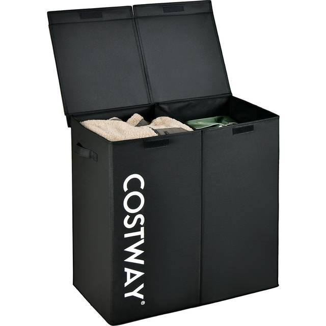 105L Laundry Hamper with Wooden Lid and 2 Sections-Black
