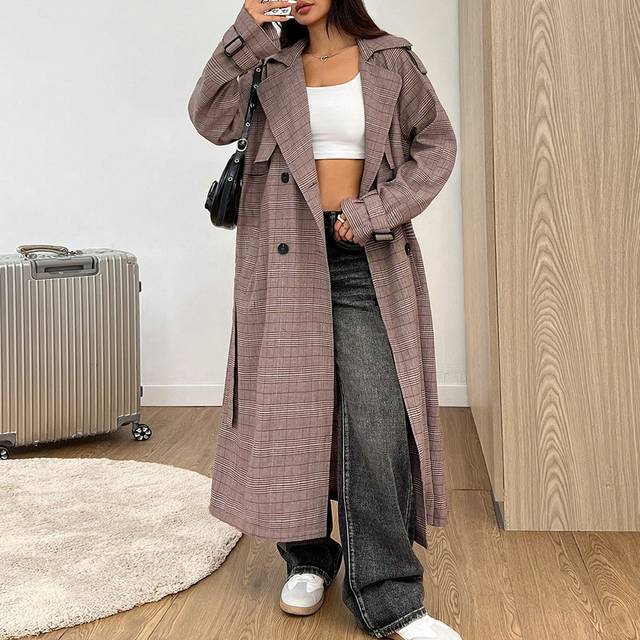 SHEIN Vintage Plaid Lapel Collar Double-Breasted Belted Trench Coat