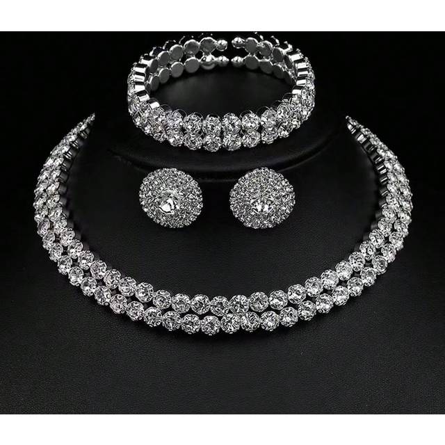 SHEIN 1set Exquisite And Elegant Double Row Rhinestone Necklace, Earrings And Bracelet Set Suitable For Daily Wear And As A Gift For Women
