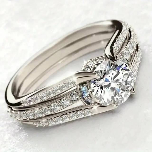 SHEIN 14K Gold Plated Engagement/Wedding Ring Set With Sparkling Cubic Zirconia, Elegant Commitment Ring, Perfect Gift For Her In Gold Or Silver