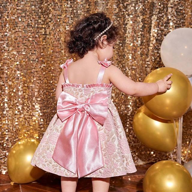 SHEIN Fern Glow  1pc Baby Girls&#39; Princess Style Jacquard Bow Decor Slip Dress, Party Dress, For Christmas