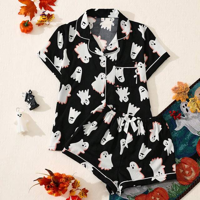 SHEIN 2pcs Ghost Graphic Funny Print Short Sleeve Collar Blouse And Bow Shorts Halloween Pajamas Set For Women,Two Piece Set