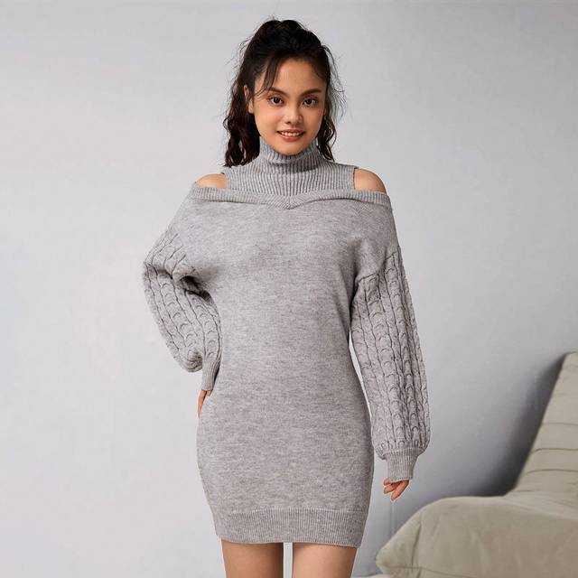 SHEIN Teen Girl Twist Knit Open Shoulder Lantern Sleeve Dress, Suitable For Spring, Summer And Autumn, Campus, Fashion Street, Casual, Homewear, Outings, Pa