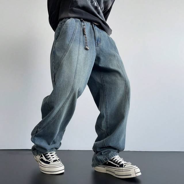 Manfinity Y2K Retro Streetwear Men&#39;s Faded Dark Blue Distressed Flare Leg Jeans With Unique Stitching Design