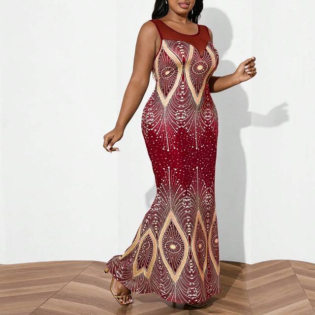 Fleurora Plus Size Women Geometric Printed Mesh Panel Bodycon Dress Summer