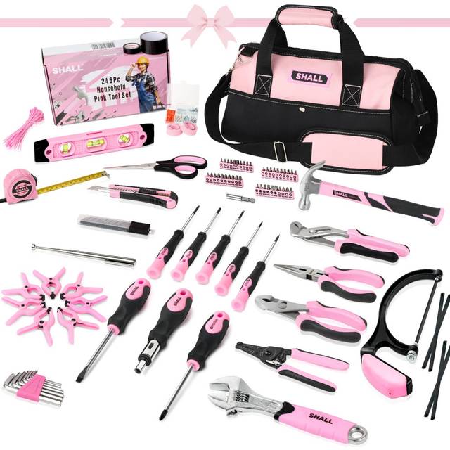 Pink Tool Set, 246-Piece Home Tool Kit for Women, Ladies Basic Tool kit for House with 14âWide Mouth Open Tool Bag, General Household Hand Tool Set
