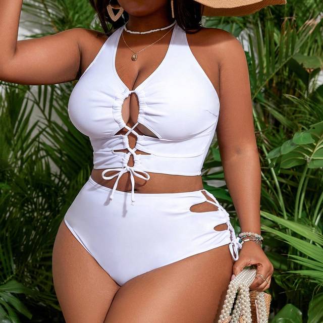 SHEIN Plus Size Solid Color Cross Back Lace-Up Hollow Simple Casual Swimwear Set Summer
