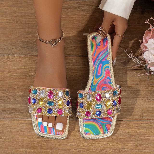 SHEIN Women Summer Fashionable Colorful Rhinestone Flat Sandals, Comfortable Casual Open Toe Slippers For Outdoor, Beach, Party
