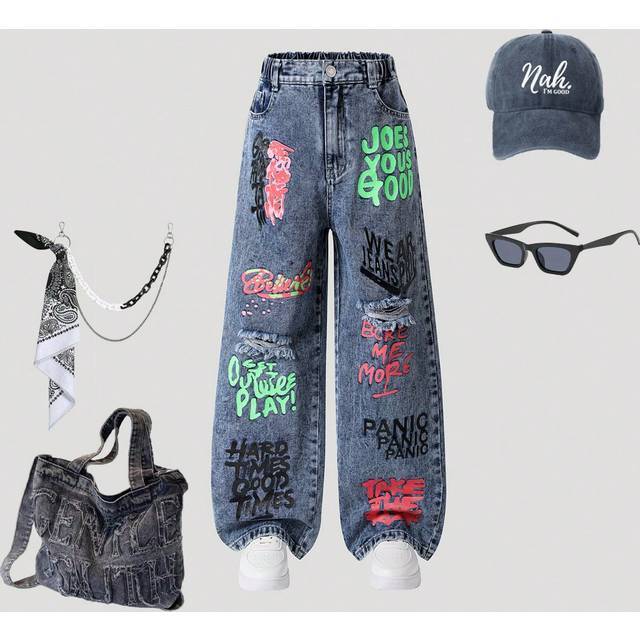 SHEIN Tween Girls Fashionable Colorful Graffiti & English Print Distressed Loose Fit Wide Leg Jeans