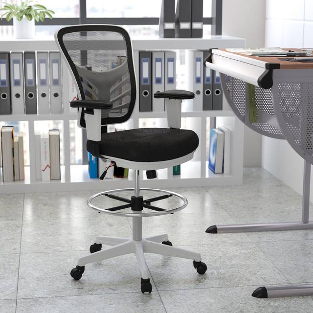 Mid-Back Mesh Ergonomic Drafting Chair with Adjustable Chrome Foot Ring, Adjustable Arms - Black (125.73cm H X 64.14cm W X 62.23cm D)