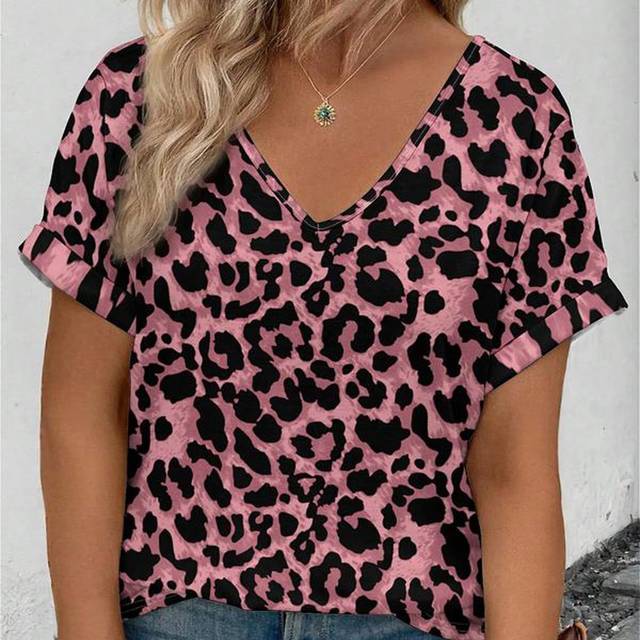 SHEIN Casual Leopard Print Loose Fitting Plus Size Short Sleeve T-Shirt For Women, Suitable For Summer