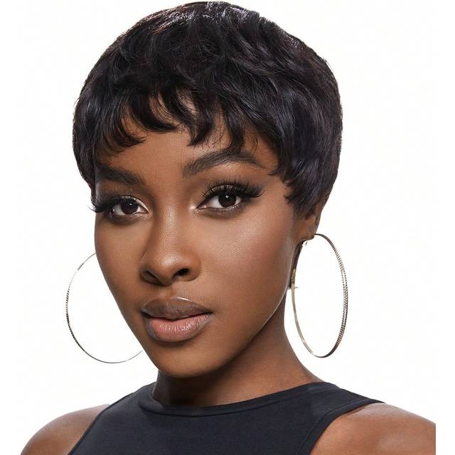 9AM Hair Short Pixie Cut Wig Human Hair Cheap Put On & Go Gluelesss Human Hair Wigs For Women Beginner   Friendly Daily Use  Machine Made Natural Black Color
