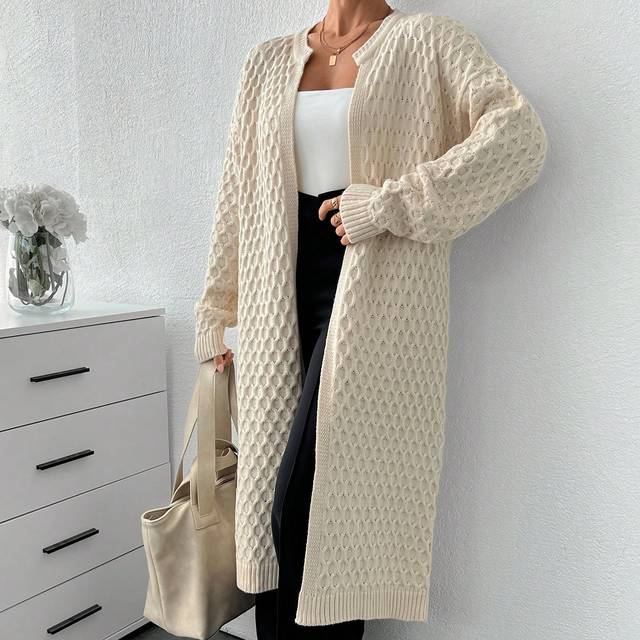 SHEIN Women Solid Color Textured Knit Open Front Long Cardigan