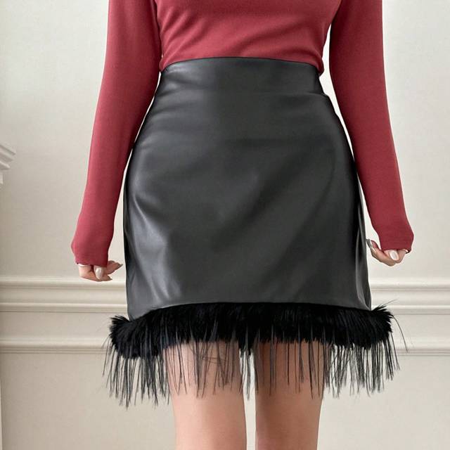 DAZY Women&#39;s PU Leather Fringe Fitted Skirt