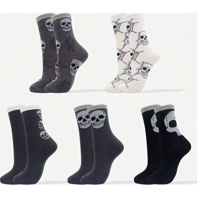 SHEIN 5pairs/Pack Women&#39;s Crew Socks, Halloween Themed Skull Pattern, Soft Breathable, Casual Streetwear, Outdoor Sports, Basketball, Yoga, Mid-Calf Tube So