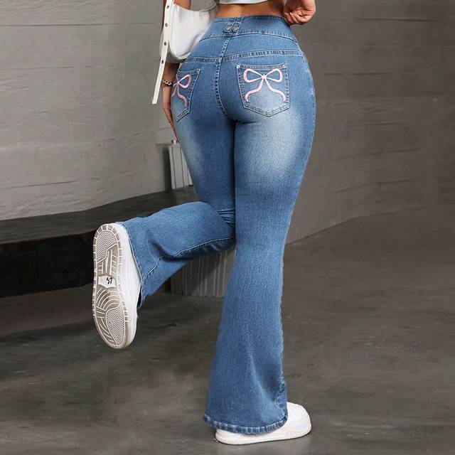 SHEIN Women Front Button Multi-Pockets Bow-Knot Embroidered Casual Denim Jeans
