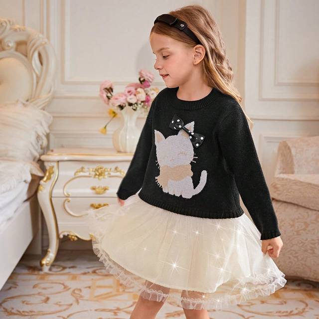 SHEIN Young Girls Tulle Ruffle Trim Cartoon Cat Jacquard Sweater Dress