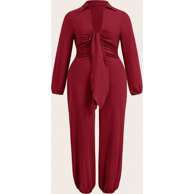 Slaydiva Plus Size Front Tie Collar Decor, Long Sleeve Lantern Leg Casual Elegant Street Style Jumpsuit, Summer & Autumn - A