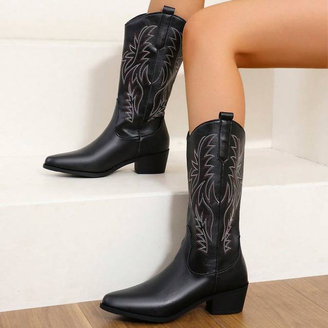 SHEIN New Western Cowgirl Boots For Women, Perfect With Jorts Pointed Toe Embroidered Thick Heels Mid-Calf Fashion Plus Size Riding Boots