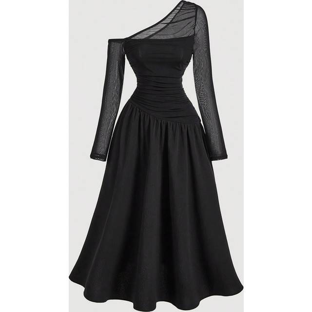 SHEIN Black Asymmetrical Pleated Long Sleeve Dress, Gorgeous And Romantic, Women,Brunch Women Outfit,Tea Party Dress
