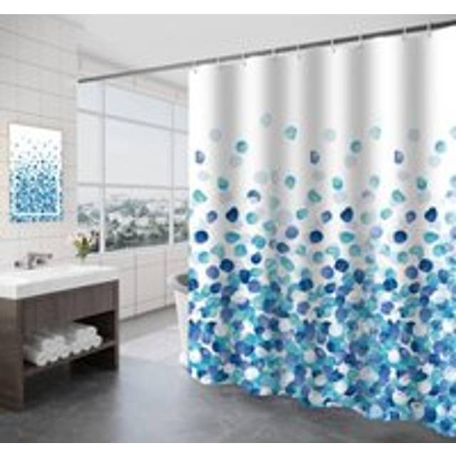 Shower curtain 180 x 200 cm, anti-mould, antibacterial and odorless shower curtain, bath curtain with 12 rings and weighted hem, blue petal pattern