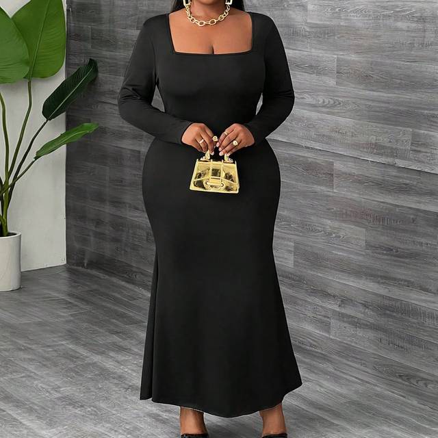 Slaydiva Women Black Long Dress With Fishtail Hem, Elegant & Party & Casual, Made Of Thick Fabric, Plus Size, Spring Autumn