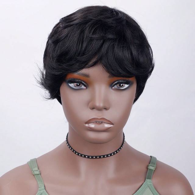 9AM Hair Short Pixie Cut Wig Human Hair Cheap Natural Wave Glueless Put On & Go Human Hair Wigs  For Women Daily Use Machine Made Natural Black Color