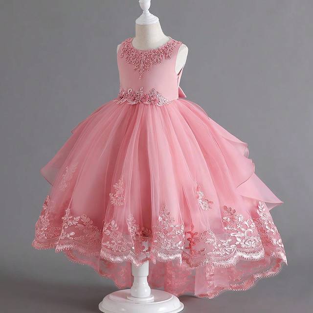 SHEIN Young Girl Elegant Sleeveless Beaded Tail Luxurious Princess Tulle Puff Party Pageant Flower Girl Dress