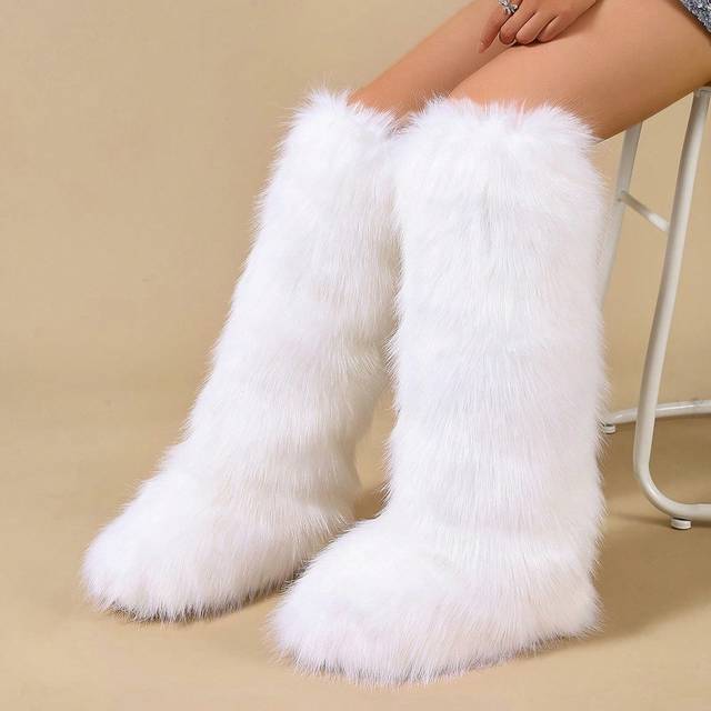 SHEIN New Winter Fluffy Lined High-Top Warm Snow Boots, Round Toe Faux Fox Fur Winter Tall Boots For Women, Christmas Party Atmosphere, Perfect With Sweater