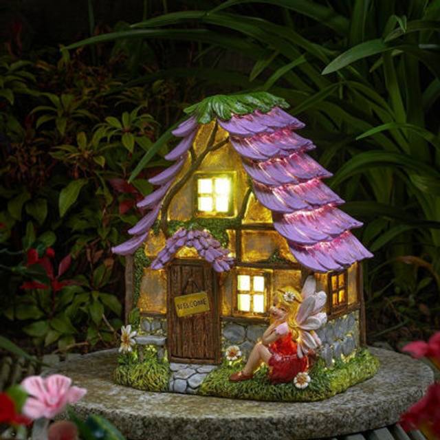 Solar Powered Flower Lodge Fairy House LED Light Up Garden Ornament - Multi - One Size