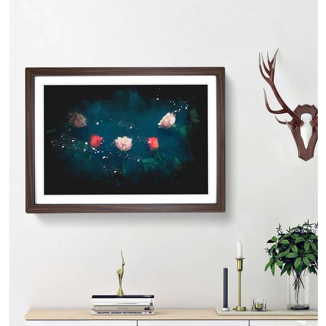 Laying With Pink & Red Roses Paint Splash - Picture Frame Graphic Art - Walnut Framed (24cm H x 33cm W x 2cm D)